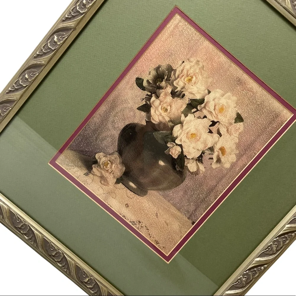 Vintage Floral Picture Ornate Silver Pewter Frame Rose Flower Vase Luxury Art